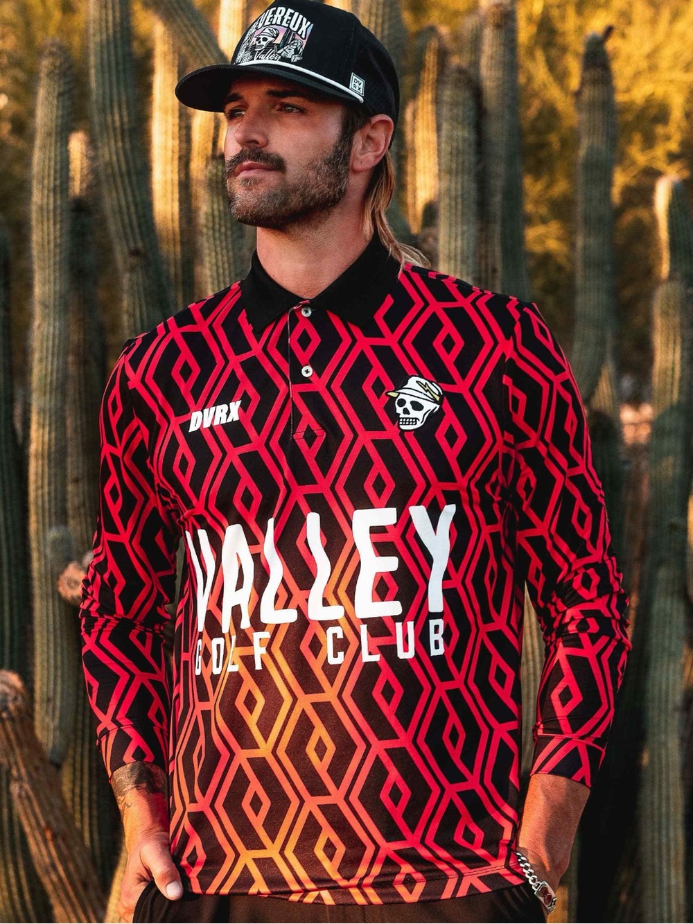 Devereux Red Geometric Long-Sleeve Polo